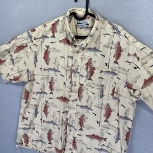 Columbia PFG Fishing Shirt Mens L  AOP‎ Rainbow Trout Short Sleeve Button Up